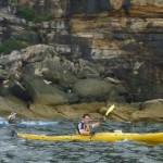 Sacha paddling past Middle Head (with Timbo in the background)