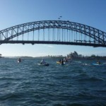 Swimmers and paddler-escorts start the Bridge to Beach