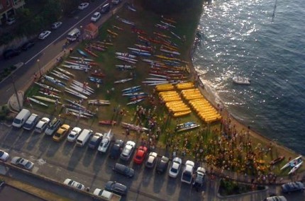 The view of the paddlers from the Blues Point Tower