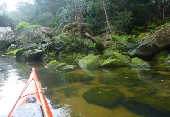 Moss-covered rocks mark the end of our paddle