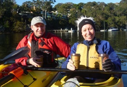 Grumm and a wet Andie enjoying their coffee.