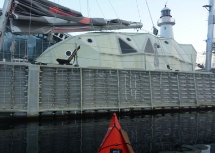 Plastiki from the side - note bottles in the hull and the geodesic cabin