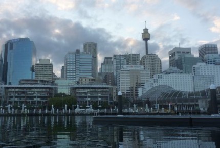 Early morning view of the city as I head off away from the Plastiki's mooring.