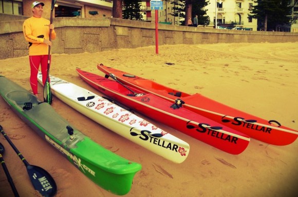 Slipstream Surf X-cite spec ski, two Stellar SR surfskis, and a Stellar S18S cross-over ski