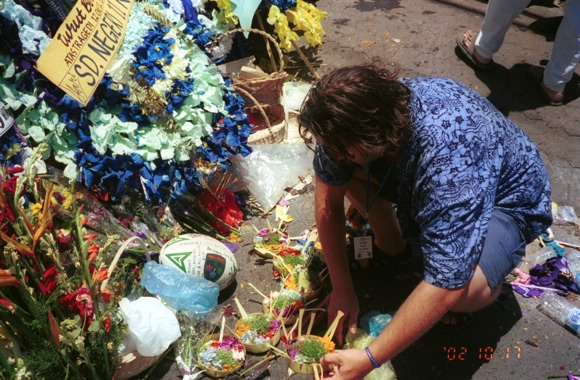 An offering and a shrine to rugby friends lost, Kuta Bali, October 2002
