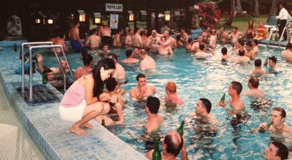 Rugby players, friends and partners relaxing in the pool post matches. 28 of them died just hours later.