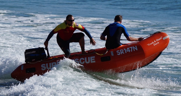 The Manly SLSC IRB teams drilling in the surf